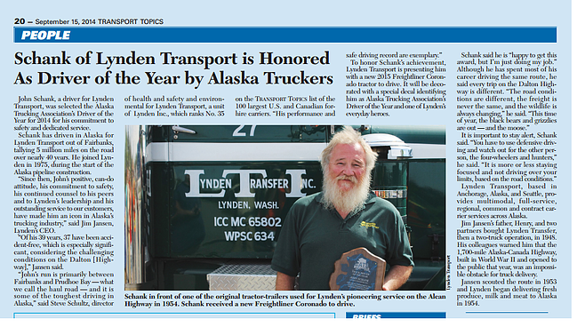 Alaska Trucking Association's Driver of the Year - John Schank
