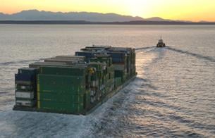 Alaska Marine Lines barge into the sunset